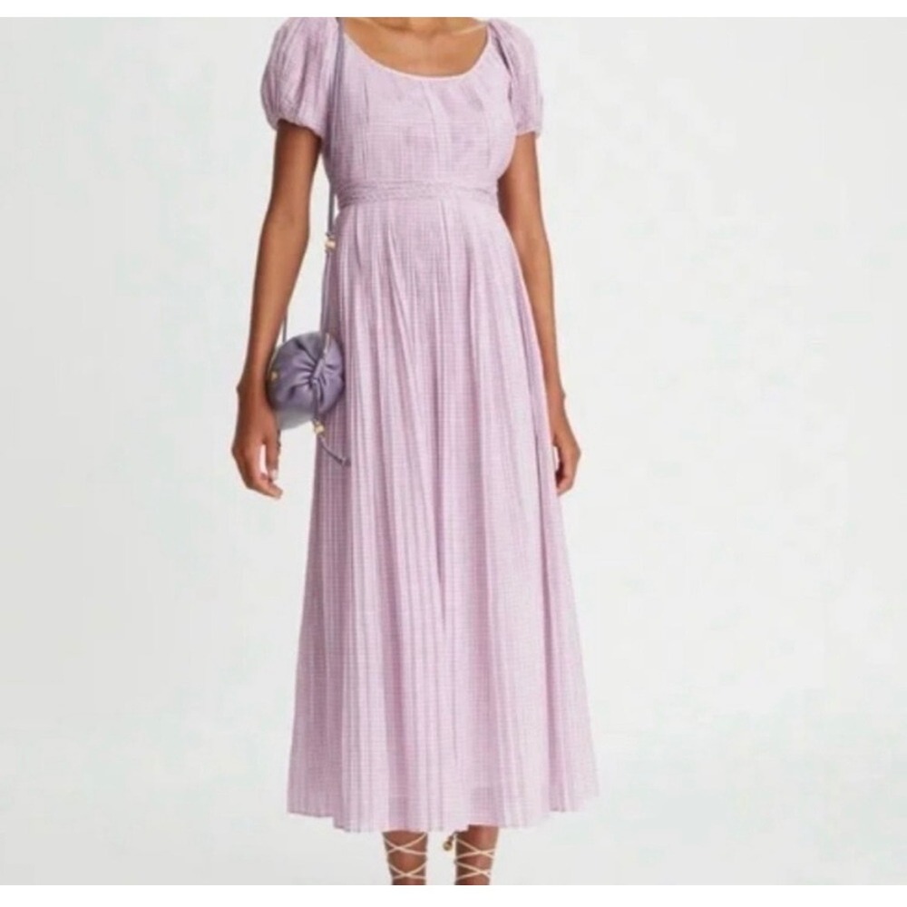 TORY BURCH Plaid Midi Gingham Dress Sz 2 Purple Silk Blend Puff Sleeve NWT $698